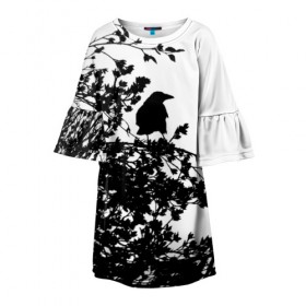 Детское платье 3D с принтом Ворон в Тюмени, 100% полиэстер | прямой силуэт, чуть расширенный к низу. Круглая горловина, на рукавах — воланы | Тематика изображения на принте: ворон | ворона | галка | дерево | птица