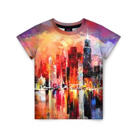 Детская футболка 3D с принтом Ночной город в Тюмени, 100% гипоаллергенный полиэфир | прямой крой, круглый вырез горловины, длина до линии бедер, чуть спущенное плечо, ткань немного тянется | art | bright | buildings | city | color | night | painting | red | reflection | river | sunset | water | вода | город | закат | здания | искусство | картина | красный | ночь | отражение | река | цвета | яркие