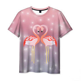 Мужская футболка 3D с принтом Влюбленные фламинго в Тюмени, 100% полиэфир | прямой крой, круглый вырез горловины, длина до линии бедер | Тематика изображения на принте: 14 февраля | день всех влюбленных | любовь | птицы | фламинго