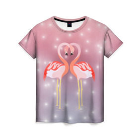 Женская футболка 3D с принтом Влюбленные фламинго в Тюмени, 100% полиэфир ( синтетическое хлопкоподобное полотно) | прямой крой, круглый вырез горловины, длина до линии бедер | Тематика изображения на принте: 14 февраля | день всех влюбленных | любовь | птицы | фламинго