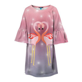 Детское платье 3D с принтом Влюбленные фламинго в Тюмени, 100% полиэстер | прямой силуэт, чуть расширенный к низу. Круглая горловина, на рукавах — воланы | 14 февраля | день всех влюбленных | любовь | птицы | фламинго