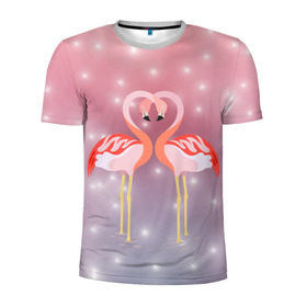 Мужская футболка 3D спортивная с принтом Влюбленные фламинго в Тюмени, 100% полиэстер с улучшенными характеристиками | приталенный силуэт, круглая горловина, широкие плечи, сужается к линии бедра | Тематика изображения на принте: 14 февраля | день всех влюбленных | любовь | птицы | фламинго