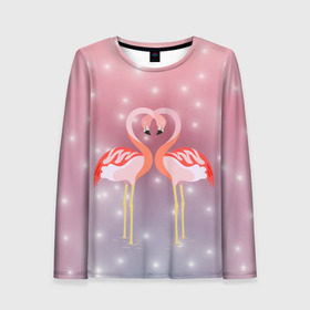 Женский лонгслив 3D с принтом Влюбленные фламинго в Тюмени, 100% полиэстер | длинные рукава, круглый вырез горловины, полуприлегающий силуэт | 14 февраля | день всех влюбленных | любовь | птицы | фламинго