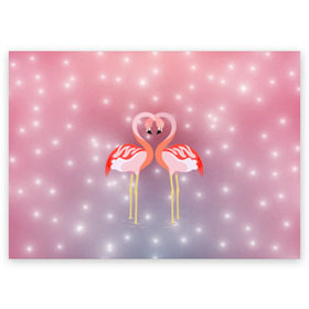 Поздравительная открытка с принтом Влюбленные фламинго в Тюмени, 100% бумага | плотность бумаги 280 г/м2, матовая, на обратной стороне линовка и место для марки
 | 14 февраля | день всех влюбленных | любовь | птицы | фламинго