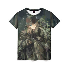 Женская футболка 3D с принтом Девушка с оружием в Тюмени, 100% полиэфир ( синтетическое хлопкоподобное полотно) | прямой крой, круглый вырез горловины, длина до линии бедер | anime | eyes | forest camouflage | girl | green | guns | japanese | rifle | sniper | аниме | винтовка | глаза | девушка | зеленые | камуфляж | лес | оружие | снайпер | японская