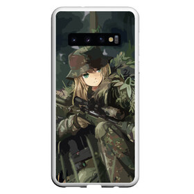 Чехол для Samsung Galaxy S10 с принтом Девушка с оружием в Тюмени, Силикон | Область печати: задняя сторона чехла, без боковых панелей | anime | eyes | forest camouflage | girl | green | guns | japanese | rifle | sniper | аниме | винтовка | глаза | девушка | зеленые | камуфляж | лес | оружие | снайпер | японская