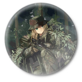 Значок с принтом Девушка с оружием в Тюмени,  металл | круглая форма, металлическая застежка в виде булавки | anime | eyes | forest camouflage | girl | green | guns | japanese | rifle | sniper | аниме | винтовка | глаза | девушка | зеленые | камуфляж | лес | оружие | снайпер | японская