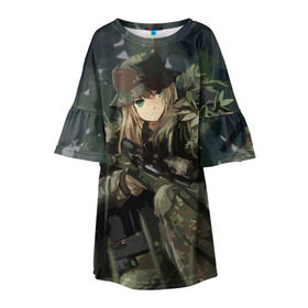Детское платье 3D с принтом Девушка с оружием в Тюмени, 100% полиэстер | прямой силуэт, чуть расширенный к низу. Круглая горловина, на рукавах — воланы | anime | eyes | forest camouflage | girl | green | guns | japanese | rifle | sniper | аниме | винтовка | глаза | девушка | зеленые | камуфляж | лес | оружие | снайпер | японская