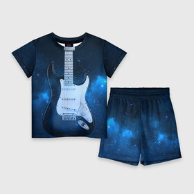 Детский костюм с шортами 3D с принтом Космическая гитара в Тюмени,  |  | fender | stratocaster | вселенная | галактика | гитра | космос | музыка | рок | рокнрол | стратокастер | туманность | фендер | электро | электрогитара