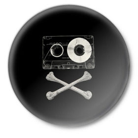 Значок с принтом Pirate Music в Тюмени,  металл | круглая форма, металлическая застежка в виде булавки | Тематика изображения на принте: 80s | 90s | bone | dance | disco | music | pirate | retro | skelet | skull | tape | диско | кассета | кости | музыка | пират | ретро | скелет | череп