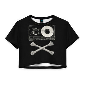 Женская футболка 3D укороченная с принтом Pirate Music в Тюмени, 100% полиэстер | круглая горловина, длина футболки до линии талии, рукава с отворотами | 80s | 90s | bone | dance | disco | music | pirate | retro | skelet | skull | tape | диско | кассета | кости | музыка | пират | ретро | скелет | череп