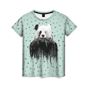 Женская футболка 3D с принтом Панда-художник в Тюмени, 100% полиэфир ( синтетическое хлопкоподобное полотно) | прямой крой, круглый вырез горловины, длина до линии бедер | animal | art | artist | bear | beast | design | panda | style | арт | дизайн | животное | зверь | кисть | краски | медведь | панда | стиль | художник