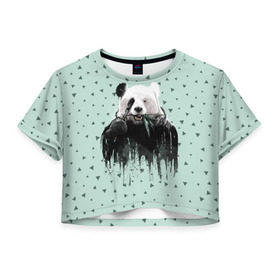 Женская футболка 3D укороченная с принтом Панда-художник в Тюмени, 100% полиэстер | круглая горловина, длина футболки до линии талии, рукава с отворотами | animal | art | artist | bear | beast | design | panda | style | арт | дизайн | животное | зверь | кисть | краски | медведь | панда | стиль | художник