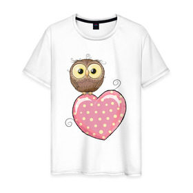 Мужская футболка хлопок с принтом Совёнок на сердце в Тюмени, 100% хлопок | прямой крой, круглый вырез горловины, длина до линии бедер, слегка спущенное плечо. | птицы