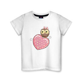 Детская футболка хлопок с принтом Совушка на сердце в Тюмени, 100% хлопок | круглый вырез горловины, полуприлегающий силуэт, длина до линии бедер | Тематика изображения на принте: птицы