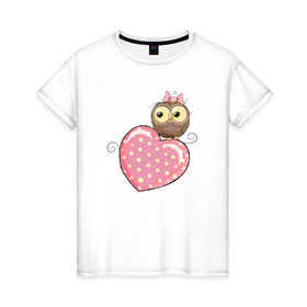 Женская футболка хлопок с принтом Совушка на сердце в Тюмени, 100% хлопок | прямой крой, круглый вырез горловины, длина до линии бедер, слегка спущенное плечо | Тематика изображения на принте: птицы
