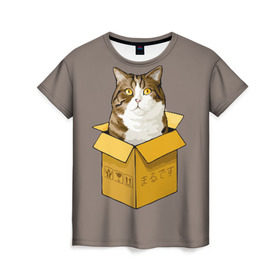 Женская футболка 3D с принтом Maru в Тюмени, 100% полиэфир ( синтетическое хлопкоподобное полотно) | прямой крой, круглый вырез горловины, длина до линии бедер | cat | maru | коробка | кот в коробке | кот мару | котейка | кошка | мару | прикол
