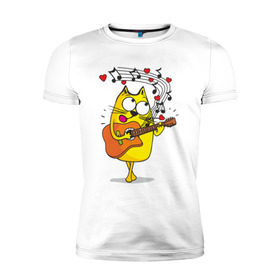 Мужская футболка премиум с принтом Кот с гитарой в Тюмени, 92% хлопок, 8% лайкра | приталенный силуэт, круглый вырез ворота, длина до линии бедра, короткий рукав | cat | kitten | кoтенок | киса | кот | котик | котэ | котяра | кошечка