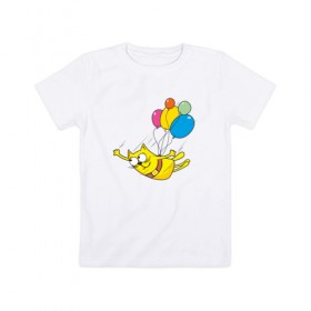 Детская футболка хлопок с принтом Кот на воздушных шарах в Тюмени, 100% хлопок | круглый вырез горловины, полуприлегающий силуэт, длина до линии бедер | 