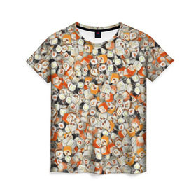 Женская футболка 3D с принтом Суши в Тюмени, 100% полиэфир ( синтетическое хлопкоподобное полотно) | прямой крой, круглый вырез горловины, длина до линии бедер | sushi | деликатес | закуска | куча | рис | роллы | ролы | рыба | фастфуд | япония