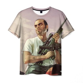 Мужская футболка 3D с принтом GTA 5 в Тюмени, 100% полиэфир | прямой крой, круглый вырез горловины, длина до линии бедер | Тематика изображения на принте: gta 5 | автоматы | игры | мужчины | трое 3