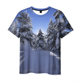 Мужская футболка 3D с принтом Зимний лес в Тюмени, 100% полиэфир | прямой крой, круглый вырез горловины, длина до линии бедер | Тематика изображения на принте: времена года | ель | зима | леса | лучи света | природа | снег