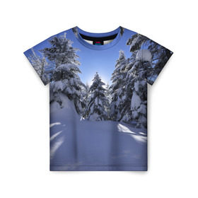 Детская футболка 3D с принтом Зимний лес в Тюмени, 100% гипоаллергенный полиэфир | прямой крой, круглый вырез горловины, длина до линии бедер, чуть спущенное плечо, ткань немного тянется | Тематика изображения на принте: времена года | ель | зима | леса | лучи света | природа | снег