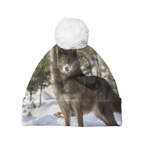 Шапка 3D c помпоном с принтом Король леса в Тюмени, 100% полиэстер | универсальный размер, печать по всей поверхности изделия | волки | животные | зима | зимние | картинки | снег | фото
