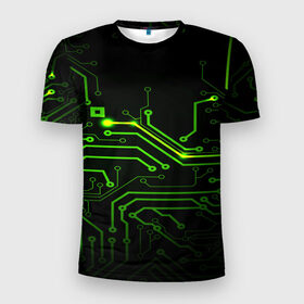 Мужская футболка 3D спортивная с принтом Tehnology в Тюмени, 100% полиэстер с улучшенными характеристиками | приталенный силуэт, круглая горловина, широкие плечи, сужается к линии бедра | Тематика изображения на принте: зеленый | микросхема | черный