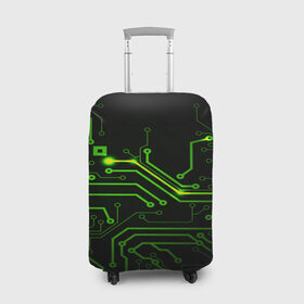 Чехол для чемодана 3D с принтом Tehnology в Тюмени, 86% полиэфир, 14% спандекс | двустороннее нанесение принта, прорези для ручек и колес | зеленый | микросхема | черный