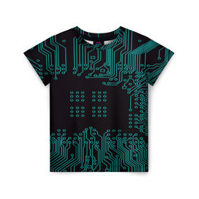 Детская футболка 3D с принтом Electronics в Тюмени, 100% гипоаллергенный полиэфир | прямой крой, круглый вырез горловины, длина до линии бедер, чуть спущенное плечо, ткань немного тянется | Тематика изображения на принте: кибер | микросхема | черный