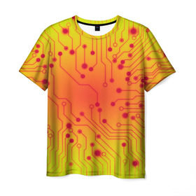 Мужская футболка 3D с принтом Нано Технологии в Тюмени, 100% полиэфир | прямой крой, круглый вырез горловины, длина до линии бедер | Тематика изображения на принте: желтый | кибер | микросхема | оранжевый