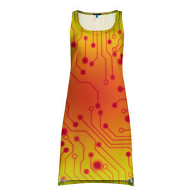 Платье-майка 3D с принтом Нано Технологии в Тюмени, 100% полиэстер | полуприлегающий силуэт, широкие бретели, круглый вырез горловины, удлиненный подол сзади. | желтый | кибер | микросхема | оранжевый
