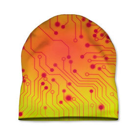 Шапка 3D с принтом Нано Технологии в Тюмени, 100% полиэстер | универсальный размер, печать по всей поверхности изделия | желтый | кибер | микросхема | оранжевый