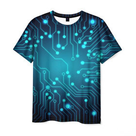 Мужская футболка 3D с принтом SkyNet в Тюмени, 100% полиэфир | прямой крой, круглый вырез горловины, длина до линии бедер | бирюзовый | кибер | микросхема | яркий