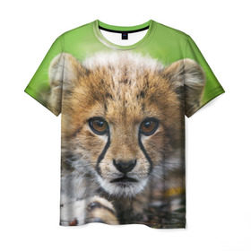 Мужская футболка 3D с принтом Котёнок гепарда в Тюмени, 100% полиэфир | прямой крой, круглый вырез горловины, длина до линии бедер | гепард | дикая кошка | котёнок | кошка | лев | природа | тигр | хищник | ягуар