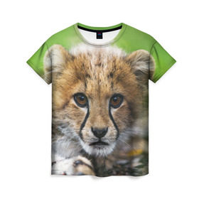 Женская футболка 3D с принтом Котёнок гепарда в Тюмени, 100% полиэфир ( синтетическое хлопкоподобное полотно) | прямой крой, круглый вырез горловины, длина до линии бедер | гепард | дикая кошка | котёнок | кошка | лев | природа | тигр | хищник | ягуар