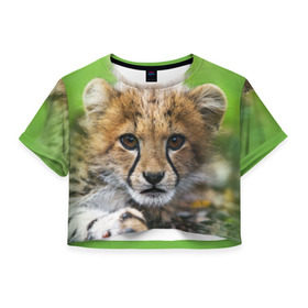 Женская футболка 3D укороченная с принтом Котёнок гепарда в Тюмени, 100% полиэстер | круглая горловина, длина футболки до линии талии, рукава с отворотами | гепард | дикая кошка | котёнок | кошка | лев | природа | тигр | хищник | ягуар
