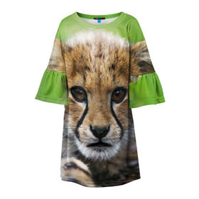 Детское платье 3D с принтом Котёнок гепарда в Тюмени, 100% полиэстер | прямой силуэт, чуть расширенный к низу. Круглая горловина, на рукавах — воланы | гепард | дикая кошка | котёнок | кошка | лев | природа | тигр | хищник | ягуар