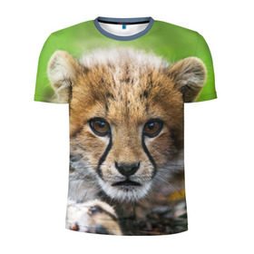 Мужская футболка 3D спортивная с принтом Котёнок гепарда в Тюмени, 100% полиэстер с улучшенными характеристиками | приталенный силуэт, круглая горловина, широкие плечи, сужается к линии бедра | Тематика изображения на принте: гепард | дикая кошка | котёнок | кошка | лев | природа | тигр | хищник | ягуар