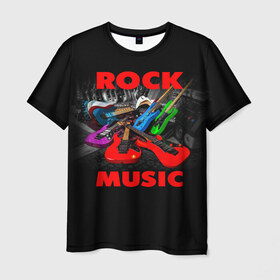Мужская футболка 3D с принтом Rock music в Тюмени, 100% полиэфир | прямой крой, круглый вырез горловины, длина до линии бедер | Тематика изображения на принте: гитара | музыка | рок | рокер | электрогитара