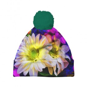 Шапка 3D c помпоном с принтом Райские цветы в Тюмени, 100% полиэстер | универсальный размер, печать по всей поверхности изделия | Тематика изображения на принте: color | колорит | лепестки | цвет | цветок | цветочки | цветы