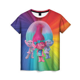 Женская футболка 3D с принтом Тролли в Тюмени, 100% полиэфир ( синтетическое хлопкоподобное полотно) | прямой крой, круглый вырез горловины, длина до линии бедер | princess poppy | troll poppy | troll satin and chenille | trolls | розочка | сатинка и синелька | тролли | цветан