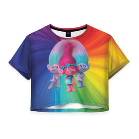 Женская футболка 3D укороченная с принтом Тролли в Тюмени, 100% полиэстер | круглая горловина, длина футболки до линии талии, рукава с отворотами | princess poppy | troll poppy | troll satin and chenille | trolls | розочка | сатинка и синелька | тролли | цветан