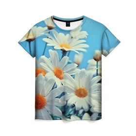 Женская футболка 3D с принтом Ромашки в Тюмени, 100% полиэфир ( синтетическое хлопкоподобное полотно) | прямой крой, круглый вырез горловины, длина до линии бедер | flower | цветы