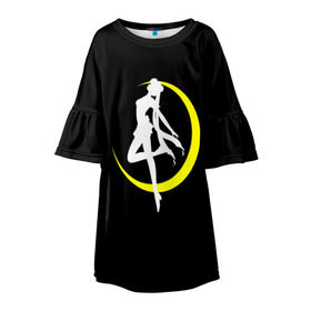 Детское платье 3D с принтом Сейлор Мун в Тюмени, 100% полиэстер | прямой силуэт, чуть расширенный к низу. Круглая горловина, на рукавах — воланы | Тематика изображения на принте: logo | moon | девушка | детство | желтый | луна | мультик | мультики | черный