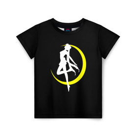 Детская футболка 3D с принтом Сейлор Мун в Тюмени, 100% гипоаллергенный полиэфир | прямой крой, круглый вырез горловины, длина до линии бедер, чуть спущенное плечо, ткань немного тянется | Тематика изображения на принте: logo | moon | девушка | детство | желтый | луна | мультик | мультики | черный