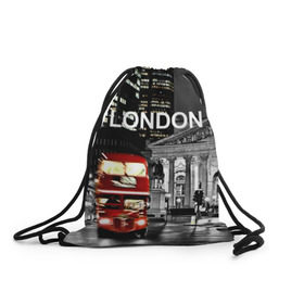 Рюкзак-мешок 3D с принтом Улицы Лондона в Тюмени, 100% полиэстер | плотность ткани — 200 г/м2, размер — 35 х 45 см; лямки — толстые шнурки, застежка на шнуровке, без карманов и подкладки | Тематика изображения на принте: bus | city | england | evening | lights | london | night | street | two storey | united kingdom | автобус | англия | великобритания | вечер | город | двухэтажный | лондон | ночь | огни | улица