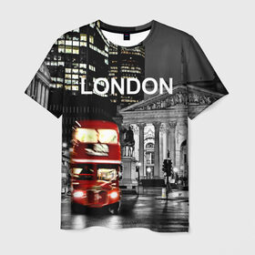 Мужская футболка 3D с принтом Улицы Лондона в Тюмени, 100% полиэфир | прямой крой, круглый вырез горловины, длина до линии бедер | bus | city | england | evening | lights | london | night | street | two storey | united kingdom | автобус | англия | великобритания | вечер | город | двухэтажный | лондон | ночь | огни | улица