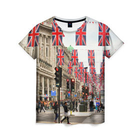 Женская футболка 3D с принтом Улицы Лондона в Тюмени, 100% полиэфир ( синтетическое хлопкоподобное полотно) | прямой крой, круглый вырез горловины, длина до линии бедер | city | england | flags | london | moving | pedestrians | people | street | traffic lights | united kingdom | англия | великобритания | город | лондон | люди | переход | пешеходы | светофоры | улица | флаги